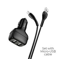 Блок питания автомобильный 2 USB HOCO Z36 Leader, 2400mA, кабель Micro-USB 1м, огнестойкий, пластик, чёрный (1/14/140) (6931474727756)