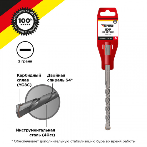 Бур по бетону KRANZ 10x160x100 мм SDS PLUS (10/240)