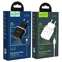 Блок питания сетевой 2 USB HOCO N4, Aspiring, 2.4A, пластик, кабель Type-C, цвет: белый(1/12/120) (6931474731067)