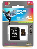 Карта памяти MicroSD  64GB  Silicon Power Class 10  Elite Gold (R/W 85 Mb/s) + SD адаптер (SP064GBSTXBU1V1GSP)