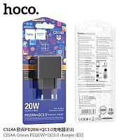 Блок питания сетевой 1 USB, Type-C HOCO CS14A Ocean, PD20Вт, QC3.0, цвет: чёрный (1/30/180) (6942007603898)