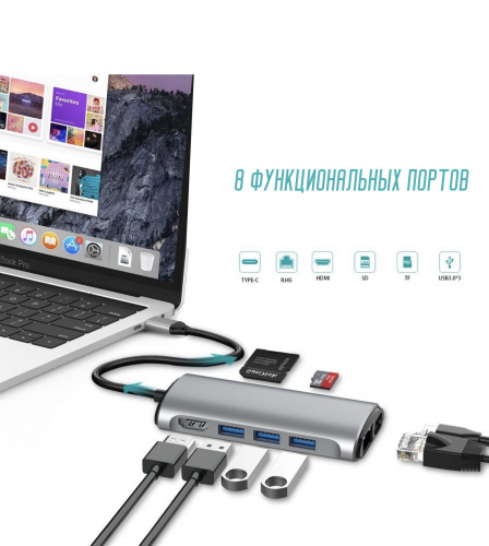 Кабель-адаптер USB3.1 Type-CM-->HDMI 4K*60Hz +3USB3.0+RJ45+TF+SD+PD charging  VCOM <CU463> фото 19