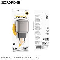 Блок питания сетевой 1 USB, 1 Type-C Borofone BAS54A Absolute, пластик, PD20Вт, QC3.0, цвет: чёрный (1/72/288) (6941991116209)