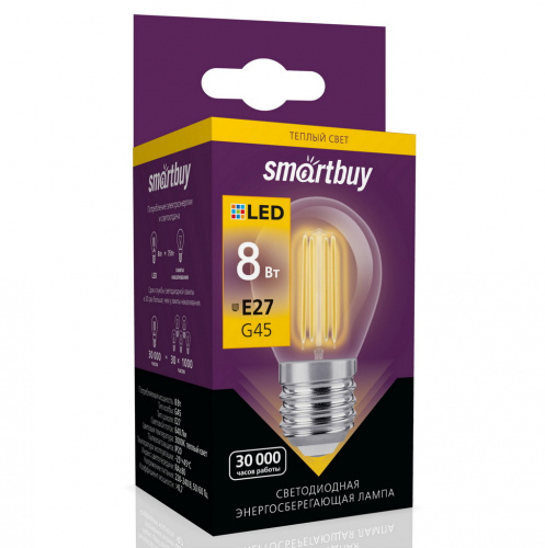 Лампа светодиодная SMARTBUY филамент G45 8Вт 3000K E27 (тёплый свет) (1/100) (SBL-G45F-8-30K-E27)