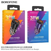Блок питания автомобильный 1 USB, Type-C Borofone BZ20 Smart, пластик, PD38Вт, QC3.0, цвет: чёрный (1/37/148) (6941991101564)
