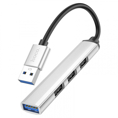 USB-концентратор HOCO HB26, пластик, 4 гнезда, 3 USB 2.0 выхода, 1 USB 3.0 выход, цвет: серебряный (1/18/180) (6931474765451)