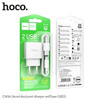 Блок питания сетевой 2 USB HOCO C141A Smart, 2100mA, пластик, кабель USB - Type-C, цвет: белый (1/28/168) (6942007627917)