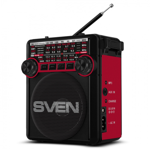 Радиоприемник SVEN SRP-355, мощность 3 Вт (RMS), FM/AM/SW, USB, SD/microSD, фонарь, встроенный аккумулятор, красный (1/20) (SV-017132)