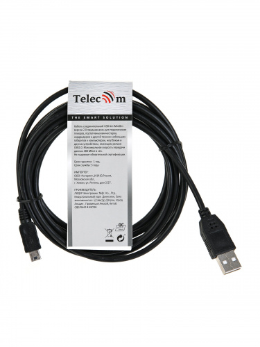 Кабель USB 2.0 A-->mini-B 5P (3,0м) чёрный, Telecom <TC6911BK-3.0M> (1/100) фото 3