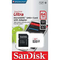 Карта памяти MicroSD  64GB  SanDisk Class 10 Ultra Light UHS-I  (100 Mb/s) + SD адаптер (SDSQUNR-064G-GN3MA)