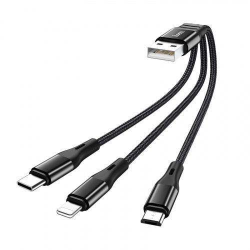 Кабель USB - 8 pin, Type-C, микро USB HOCO X47 HARBOR, 0,25м, круглый, 2.4A, ткань, алюминий, 3 в 1, цвет: чёрный (1/31/310) (6931474727398) фото 2