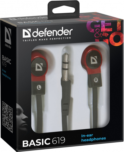 Проводные внутриканальные наушники DEFENDER Basic 619 вакуумные, шнур 1.1 м, черные/красные (1/50) (63619) фото 5