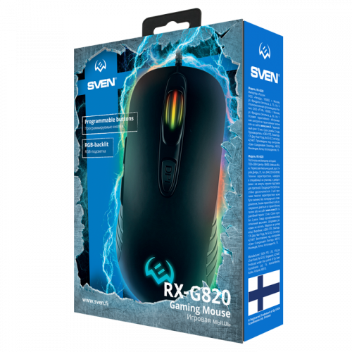 Мышь проводная игровая SVEN RX-G820 6+1кл. 200-4800 DPI, ПО, SoftTouch, RGB-подсветка, черный (1/20) (SV-017002) фото 3