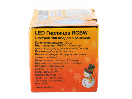 Гирлянда светодиодная ECOLA 220V IP44 Нить 6м 100Led RGBW, 8 режимов, прозр.провод с вилкой (1/30) (N4YM06ELC) фото 6