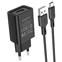 Блок питания сетевой 1 USB Borofone BA68A, Glacier, 2100mA, кабель Type-C, цвет: черный (1/65/260) (6974443385724)