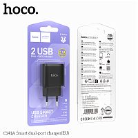 Блок питания сетевой 2 USB HOCO C141A Smart, 2100mA, пластик, цвет: чёрный (1/36/216) (6942007627849)