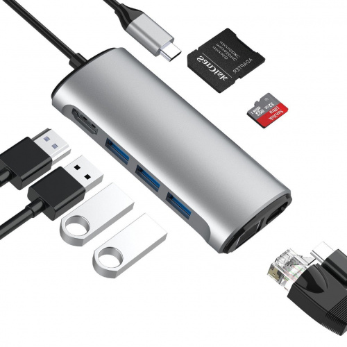 Кабель-адаптер USB3.1 Type-CM-->HDMI 4K*60Hz +3USB3.0+RJ45+TF+SD+PD charging  VCOM <CU463> фото 3