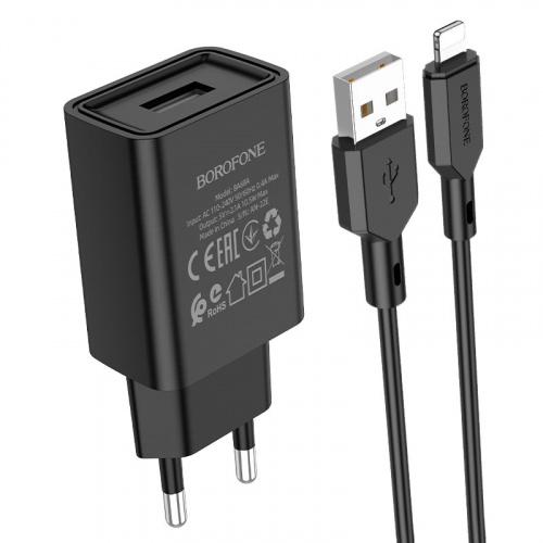 Блок питания сетевой 1 USB Borofone BA68A, Glacier, 2100mA, кабель  8 pin, цвет: чёрный (1/65/260) (6974443385687)