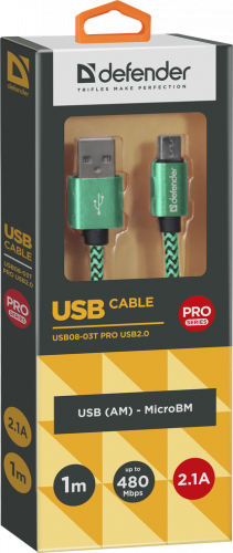 Кабель DEFENDER USB08-03T PRO USB2.0, зеленый, AM-MicroBM, 1m, 2.1A (1/100) (87804) фото 10