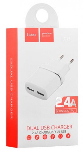 Блок питания сетевой 2 USB HOCO C12, 2400mA, пластик, цвет: белый (1/10/100) (6957531047759) фото 3