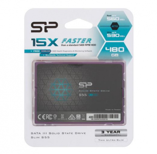 яВнутренний SSD  Silicon Power  480GB  S55, SATA-III, R/W - 560/530 MB/s, 2.5", PS3108, TLC, синий