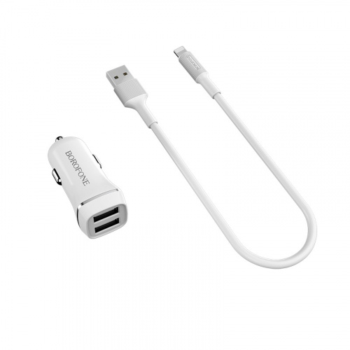 Блок питания автомобильный 2 USB Borofone, JoyRoad, BZ2, 2400mA, пластик, с кабелем Apple 8 pin, цвет: белый (6957531081906) фото 2