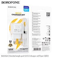 Блок питания сетевой 1 USB Borofone BAS42A Potential, пластик, PD18Вт, QC3.0, кабель USB - Type-C, цвет: белый (1/54/216) (6941991113802)