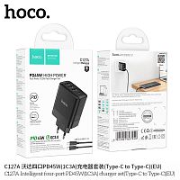 Блок питания сетевой 3 USB, 1 Type-C HOCO C127A Intelligent, 3000mA, пластик, QC3.0, PD45Вт, кабель Type-C - Type-C, цвет: чёрный (1/23/138) (6942007607940)