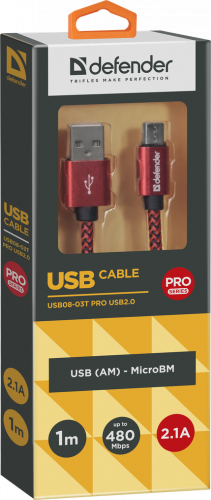 Кабель DEFENDER USB08-03T PRO USB2.0, красный, AM-MicroBM, 1m, 2.1A (1/100) (87801) фото 10