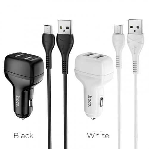 Блок питания автомобильный 2 USB HOCO Z36 Leader, 2400mA, кабель Micro-USB 1м, огнестойкий, пластик, белый(1/14/140) (6931474727763) фото 3