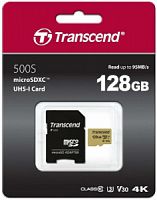 Карта памяти MicroSD  128GB  Transcend 500S UHS-I U1  + SD адаптер, MLC (TS128GUSD500S)