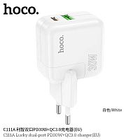 Блок питания сетевой 1 USB, 1 Type-C HOCO C111A Lucky, PD30Вт, QC3.0, цвет: белый (1/20/120) (6931474790866)
