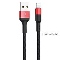Кабель USB - 8 pin HOCO X26 Xpress, 1.0м, круглый, 2.0A, ткань, цвет: чёрный, красная вставка (1/30/300) (6957531080190)