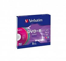 Диск VERBATIM DVD+R 4.7 GB (16х) Slim Color (5) (100) (43556)