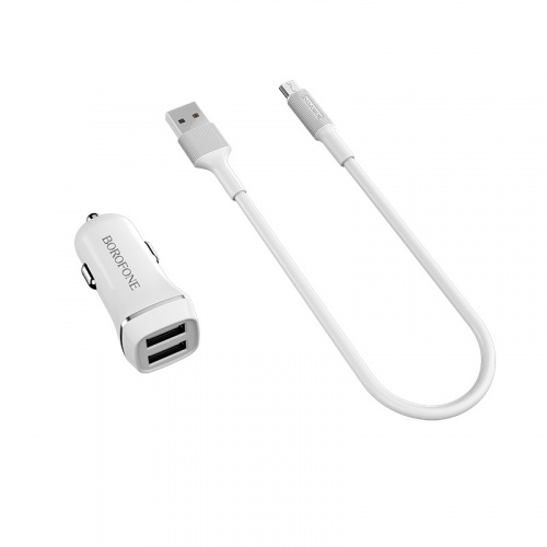 Блок питания автомобильный 2 USB Borofone, JoyRoad, BZ2, 2400mA, пластик, с кабелем микро USB, цвет: белый (1/40/160) (6957531081920) фото 2